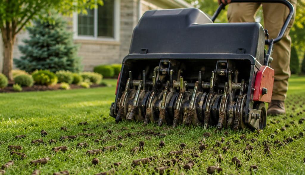 Transitions truck with aerator beside a lawn after aeration.