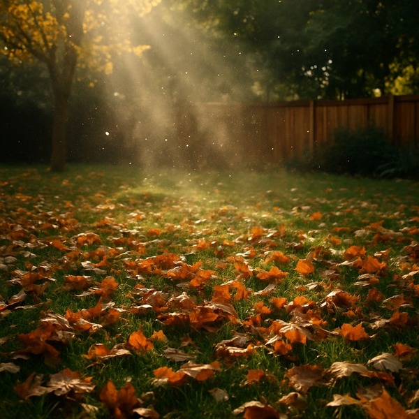 Pile of leaves in yard, dust in air.