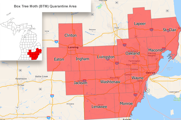 Map of Box Tree Moth quarantine area in Michigan.