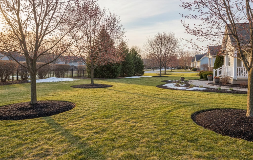 Backyard after spring cleanup, early spring.