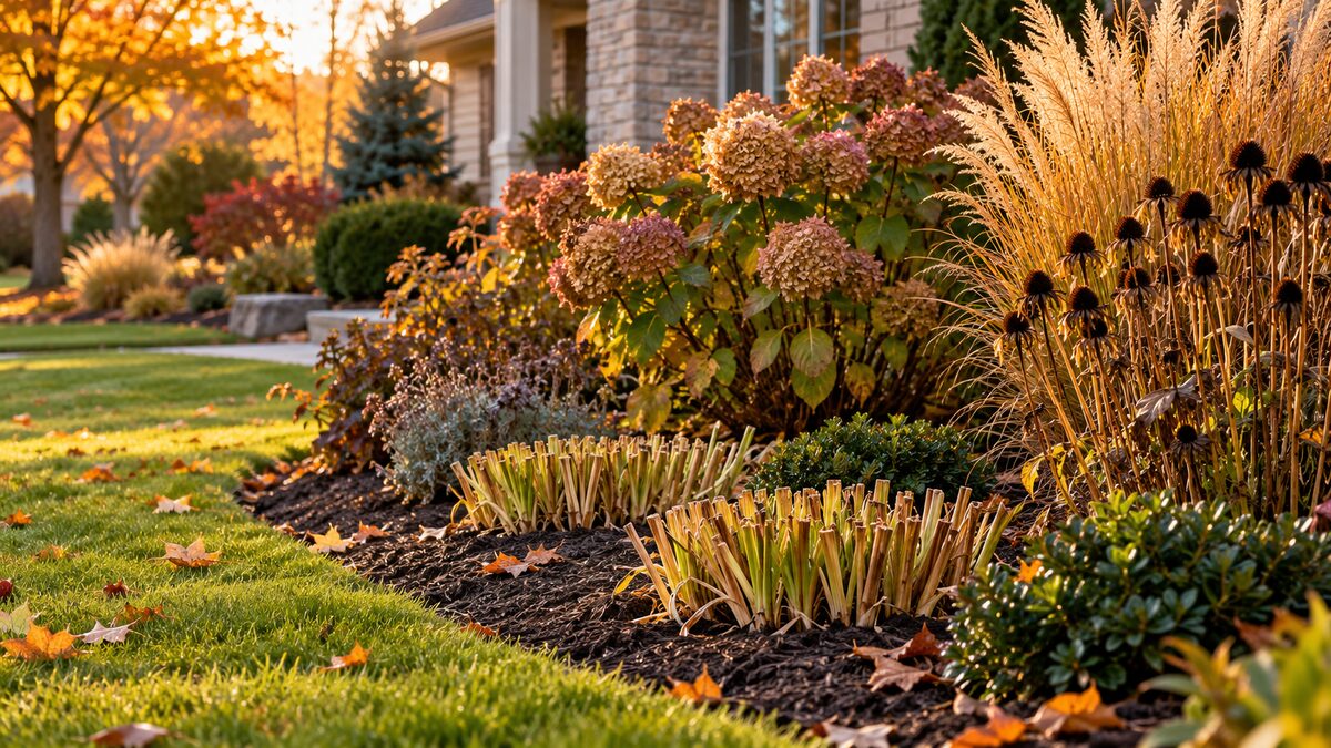 Fall perennial cutbacks and hydrangea care in a Southeast Michigan landscape bed.