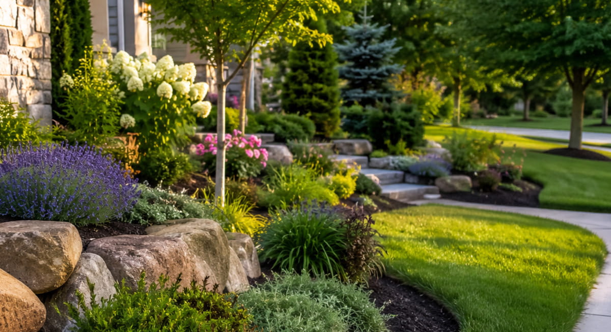 Beautiful Michigan landscape design with layered plantings, decorative stone, and clean landscape beds.